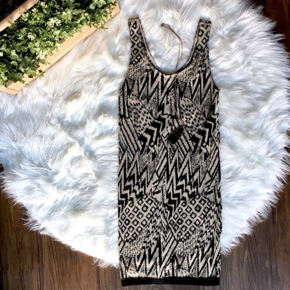 GUESS Tan & Black Bohemian, Aztec, Tribal Print Tank BodyCon Dress